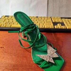 NEW ! Reitoye WMN Lace up Square Toe High Heel Strappy Stiletto Sandal Green Sz9
